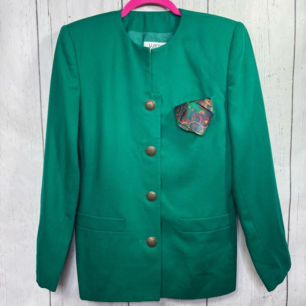 Kasper Wool Blazer Jacket Emerald Green Vintage 80s 90s Statement Buttons Retro